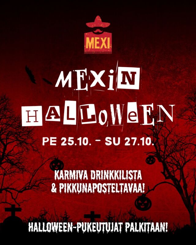 Mexissä juhlitaan Halloween-viikonloppua pe 25.10. - su 27.10. 🩸 Tule maistamaan karmivan drinkkilistan erikoisuuksia! 🧪 Talo palkitsee kaikki teeman mukaisesti pukeutuneet, joten pistäkää parastanne! 😁

#ravintolamexi #töölö #helsinki #halloween